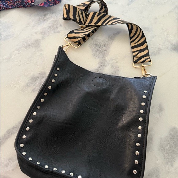 Chic Black Studded Crossbody Bag with Zebra Strap - Picture 1 of 4